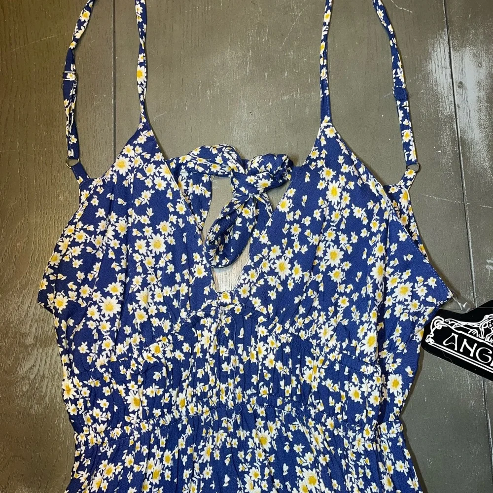 Angie Blue White Floral Sundress Short Open Tie Back Ladies Large NWT